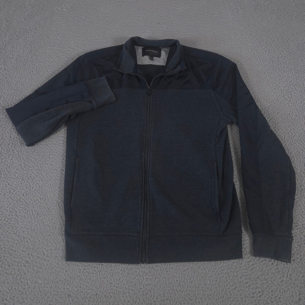 Banana Republic Jacket Mens L Navy Gray Mixed Media Knit Full Zip Mock Neck Tech